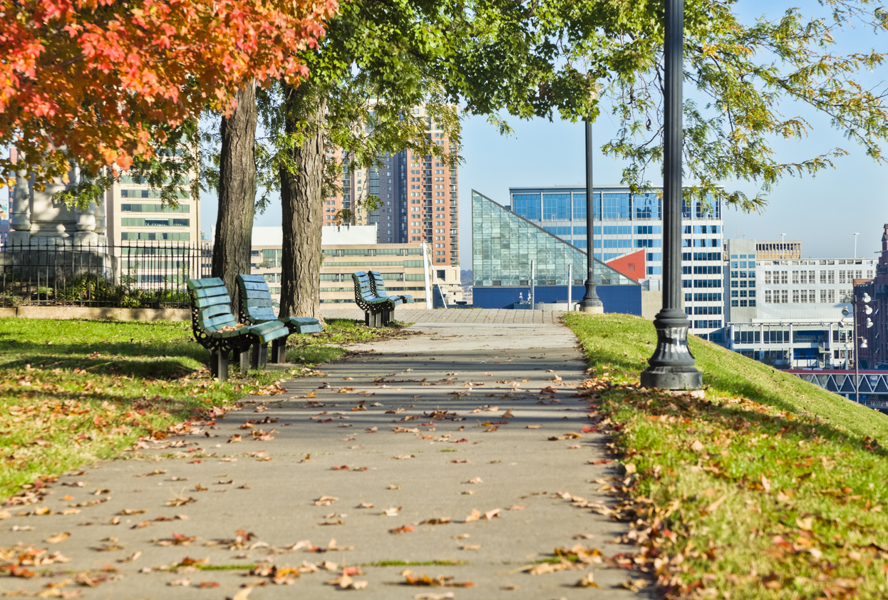 Sunny day view of Federal Hill Inner Harbor, Baltimore